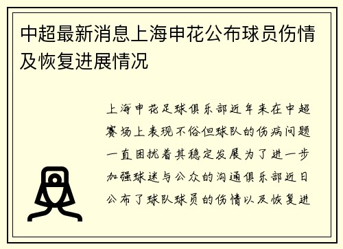 中超最新消息上海申花公布球员伤情及恢复进展情况